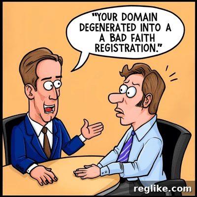 Preemptive Defense: Company's Plan B Ahead of Plan B Reverse Hijacking Suit 2 A cartoon lawyer tells someone "Your domain degenerated into a bad faith registration."