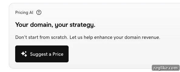 Afternic AI Pricing Insights Use Your Judgment 3 GoDaddy Pricing AI button, clearly indicating the interactive element sellers can click to receive automated domain pricing suggestions and market insights from the AI tool.