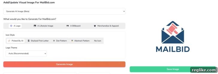 AI tools on Atom to create logo. Shows logo for MailBid domain.