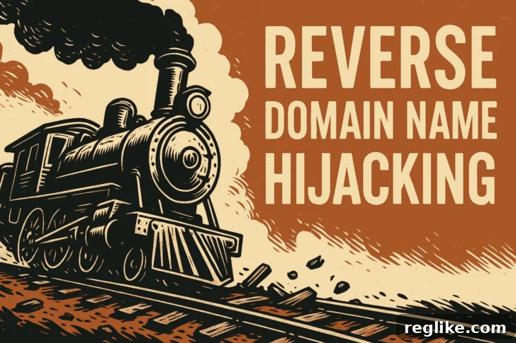 A train running on crumbling rails with words "Reverse domain name hijacking"