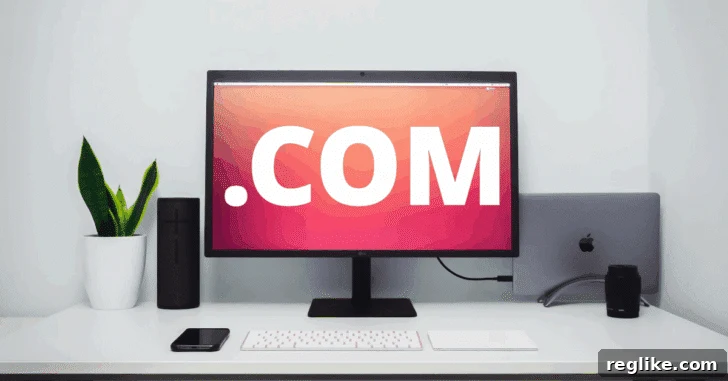 Launch Your Website: $4.99 .com Domain Deal 2 Computer monitor with .COM written on it. A macbook is to the side.