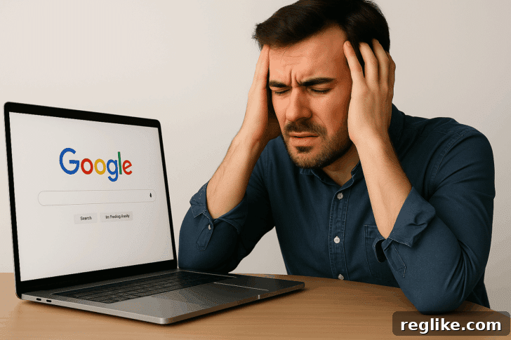 A frustrated man looking at Google on his laptop