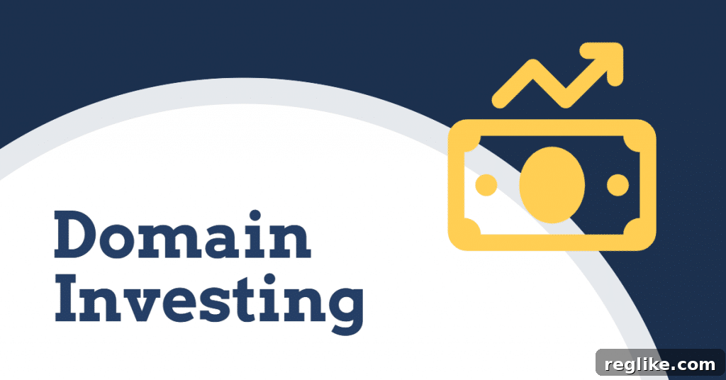 Graphic that shows a dollar bill image and arrow going up and down and the words Domain Investing