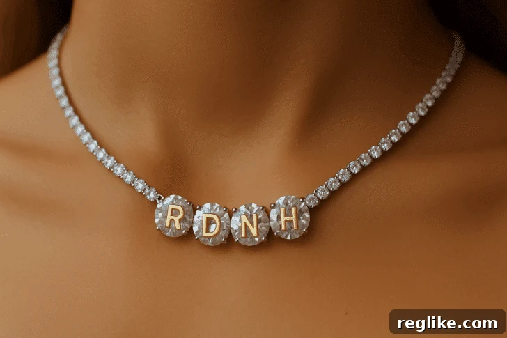 A diamond necklace on a woman's neck with 