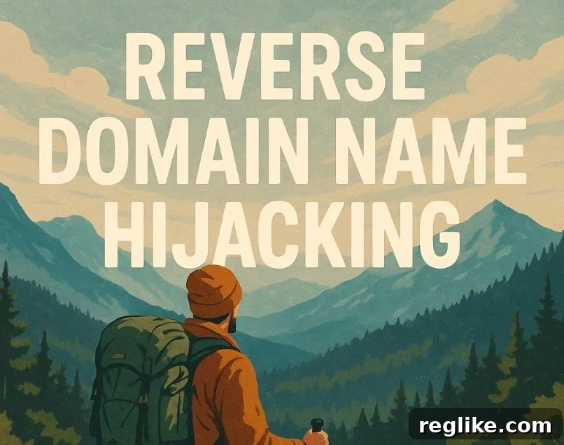 Hiking App Conquers the Com Frontier 2 Reverse Domain Name Hijacking concept illustrated with a hiker looking at vast mountains, emphasizing domain disputes and online intellectual property