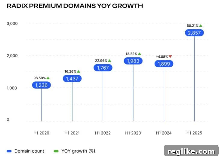 Chart showing that premium domain registrations in H1 2025 were up 50% to 2,857, highlighting the significant growth in the premium domain market.