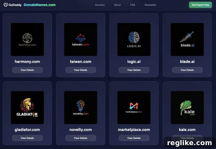 DomainNames.com marketplace image showcasing high-value domains for sale