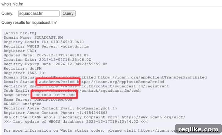Irony Bites: Domain Podcast Suffers Expired Domain Debacle 2 Whois record for squadcast.fm showing domain expiration