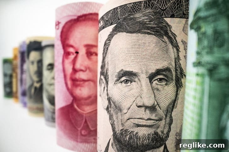 Rolls of currency, focusing on the US dollar, illustrating currency exchange impacts on domain investing