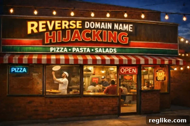 A pizza restaurant with the name Reverse Domain Name Hijacking, symbolizing the legal battle over domain names.