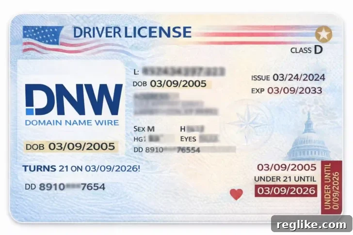 Celebrating 21 Years of Domain Name Wire 2 Drivers License image with the DNW logo showing a birthday of March 9, 2005, symbolizing Domain Name Wire's 21st anniversary