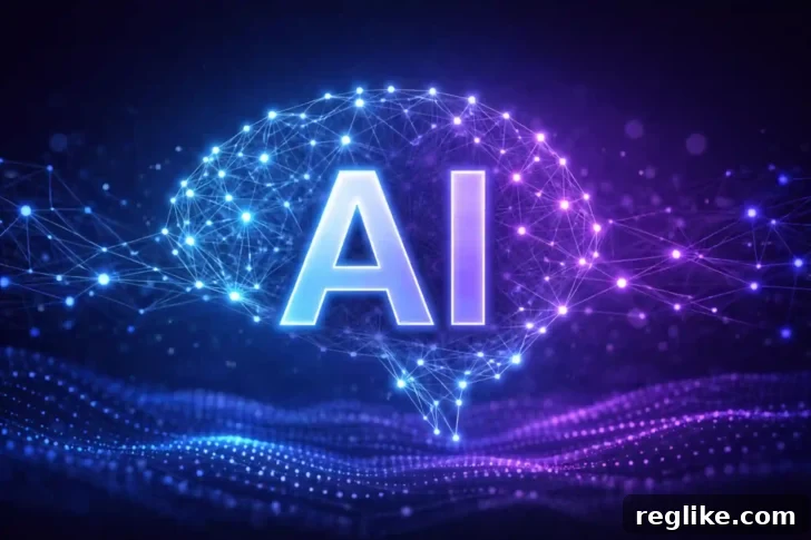 My Domain Acquisition Strategy for the AI Era 2 A person looking at a screen with AI-related graphics, symbolizing the impact of AI on digital strategies.