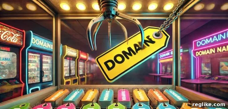A claw amusement machine picking up a tag that says "domain"