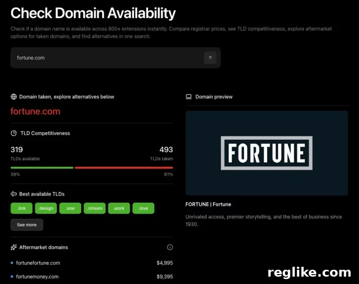Instant Domain Search Unveils New Tool, Eyes Registrar Launch This Year 3 Check Domain on Instant Domain Search for Fortune, showcasing detailed availability status, TLD options, and pricing.