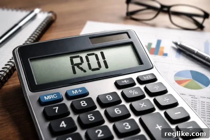 Uncovering the Flaws in Domain Investment ROI Calculations 2 Calculator displaying 'ROI' amidst domain investment documents and a pen, symbolizing accurate financial analysis for domain portfolios.