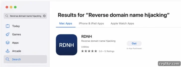App Builder Attempts to Reverse-Hijack com.app: What Happened?>> 2 Apple app store search result for reverse domain name hijacking showing app with RDNH as name